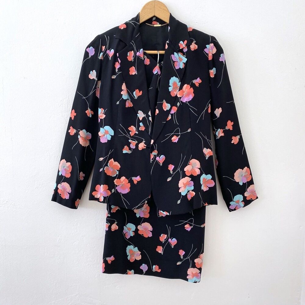 Vintage Designer Celine 3-piece Set Jacket Tank Skirt‎ Silk Black Floral Small